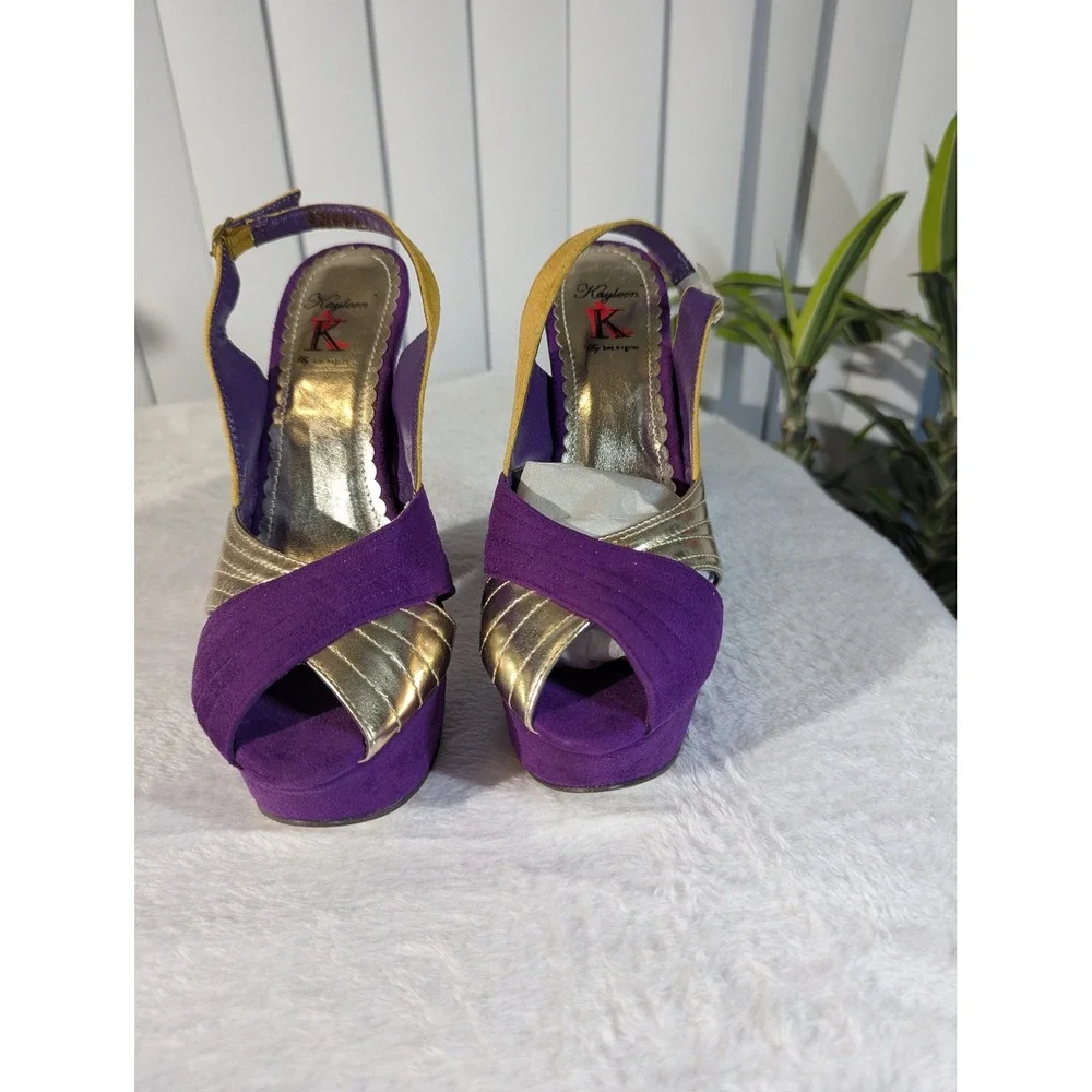 Kayleen Platform Sandals Women 8 Purple Gold Good Chunky Block Heel Slingback